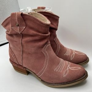 Sundance Suede Pink Western Slouchy Embroidered Leather Cowboy Ankle Boots